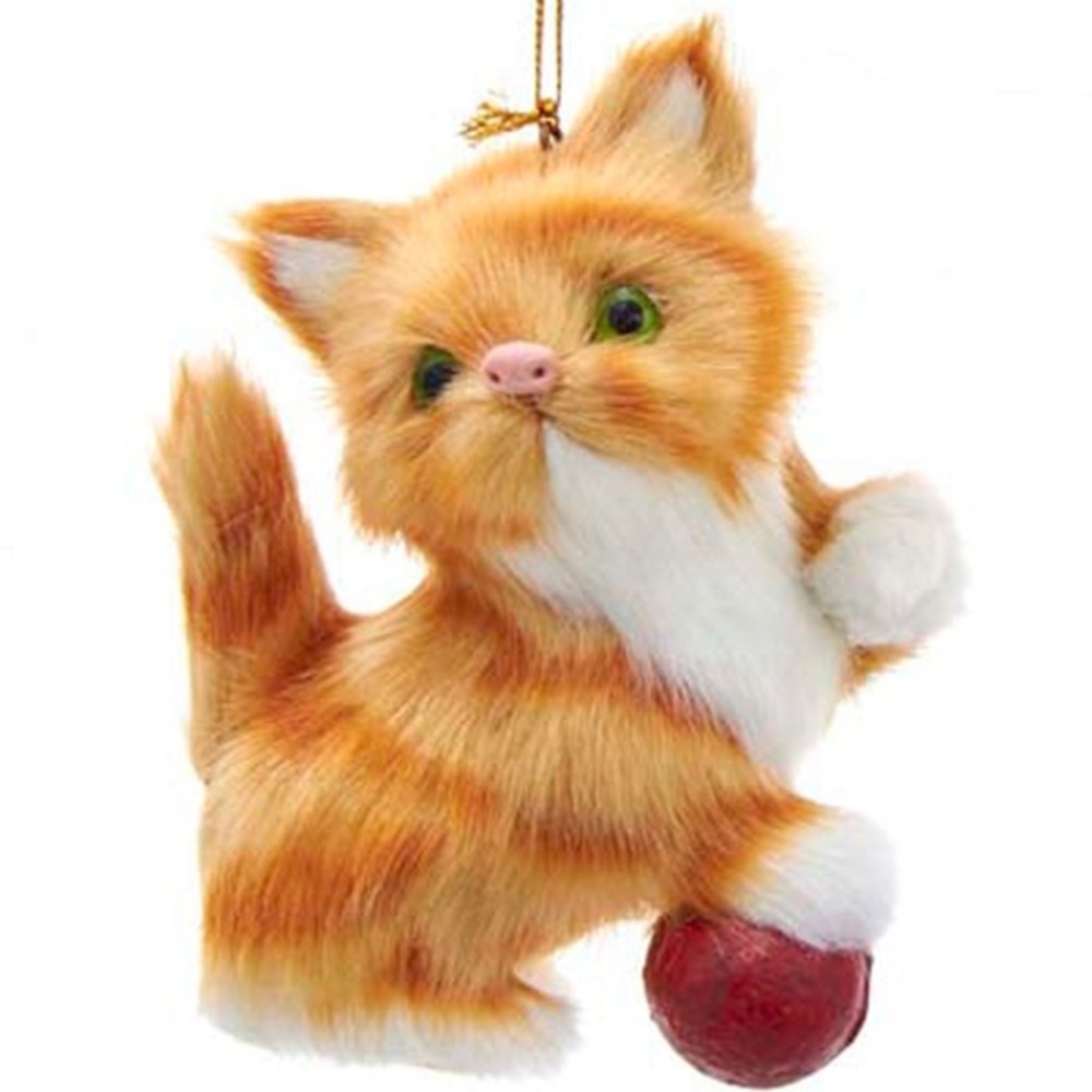 Plush Orange Tabby Kitten with Ball Ornament